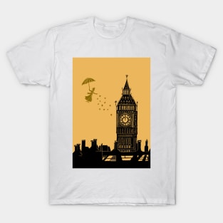 Mary Poppins and Big Ben Linocut in black and yellow T-Shirt